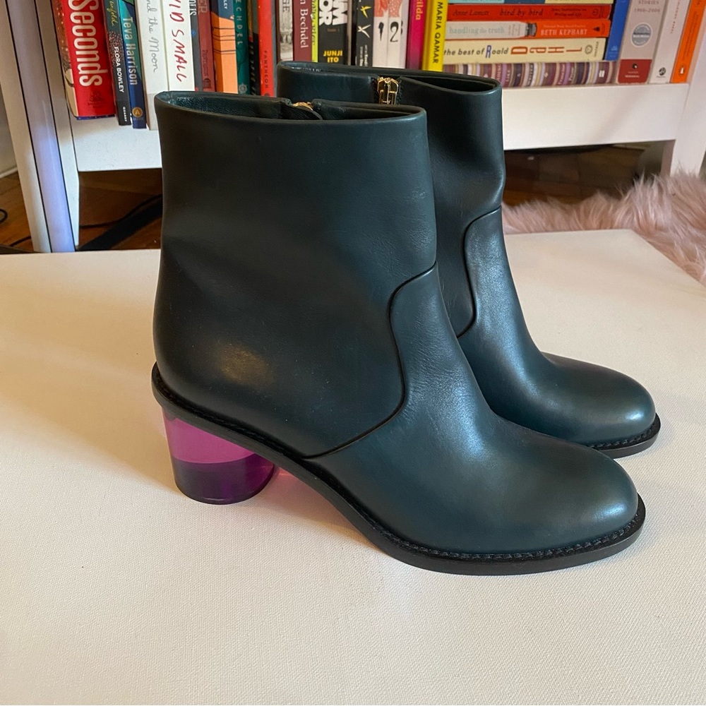 Burberry Dark Green Leather Ankle Boots with Translucent Purple Block Heels